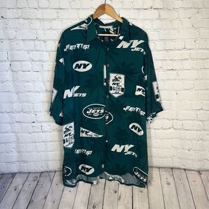 New York Jets All Over Print Rayon Button Front Logo NFL Green Size 3XL Mens